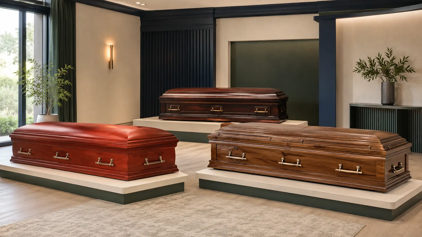 A curated range of polished wooden caskets